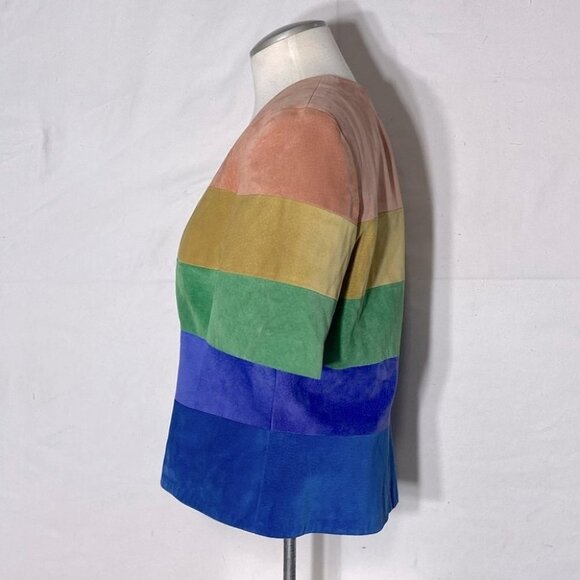 Danier Rainbow Stripe Suede Cropped Button Up Short Sleeve Jacket L - Picture 4 of 13